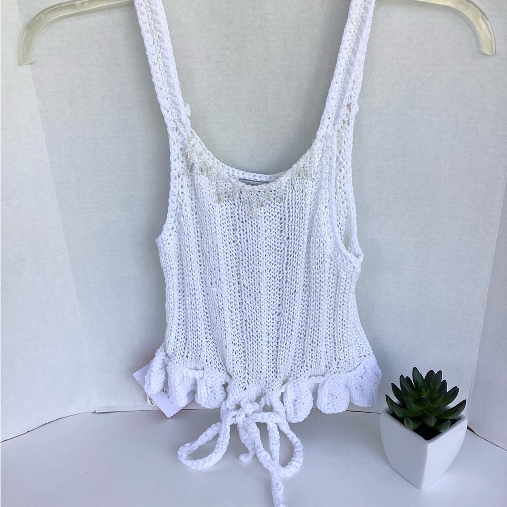 Crop Top Hand Crafted Crochet Halter White Ribbed Tank Boho Ruffle Crystals - Picture 3 of 16